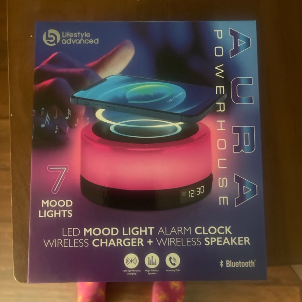 LED AURA Powerhouse Mood light,alarm clock, wireless charger,and speaker